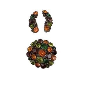 Karu Vintage Demi Parure Green Orange Domed Brooch & Clip On Earrings Set
